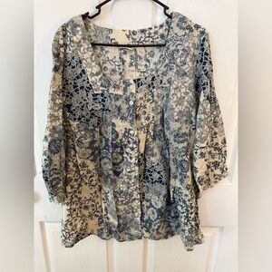 Kim Rogers Women’s Cream/Blue Button Down Floral 3/4 Sleeve Blouse 1X